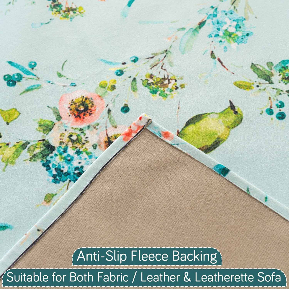 'Whispers of Nature' Series Holland Velvet Sofa Cover with Tassel, Mint Birdsong Blossom