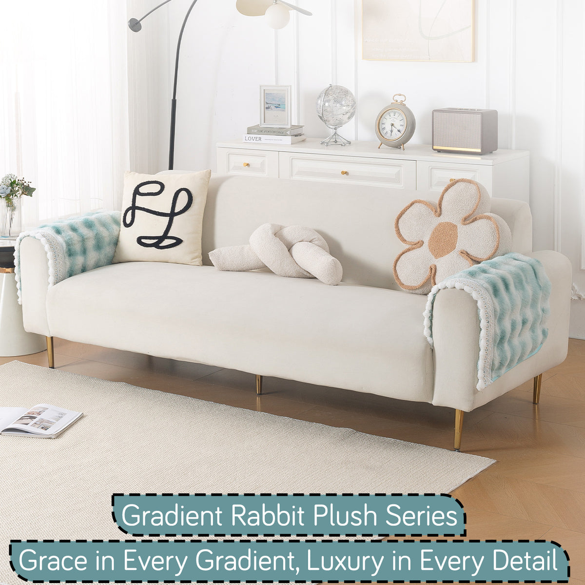Faux Rabbit Fur Sofa Cover with Lace |Gradient Rabbit Plush, Green