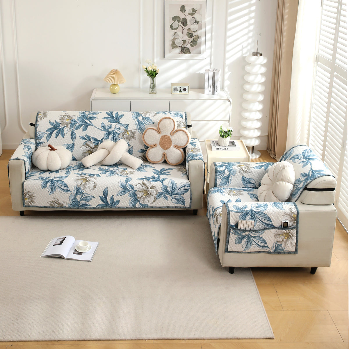 four Seater Celadon Blue Camellia Printed quilted sofa cover set