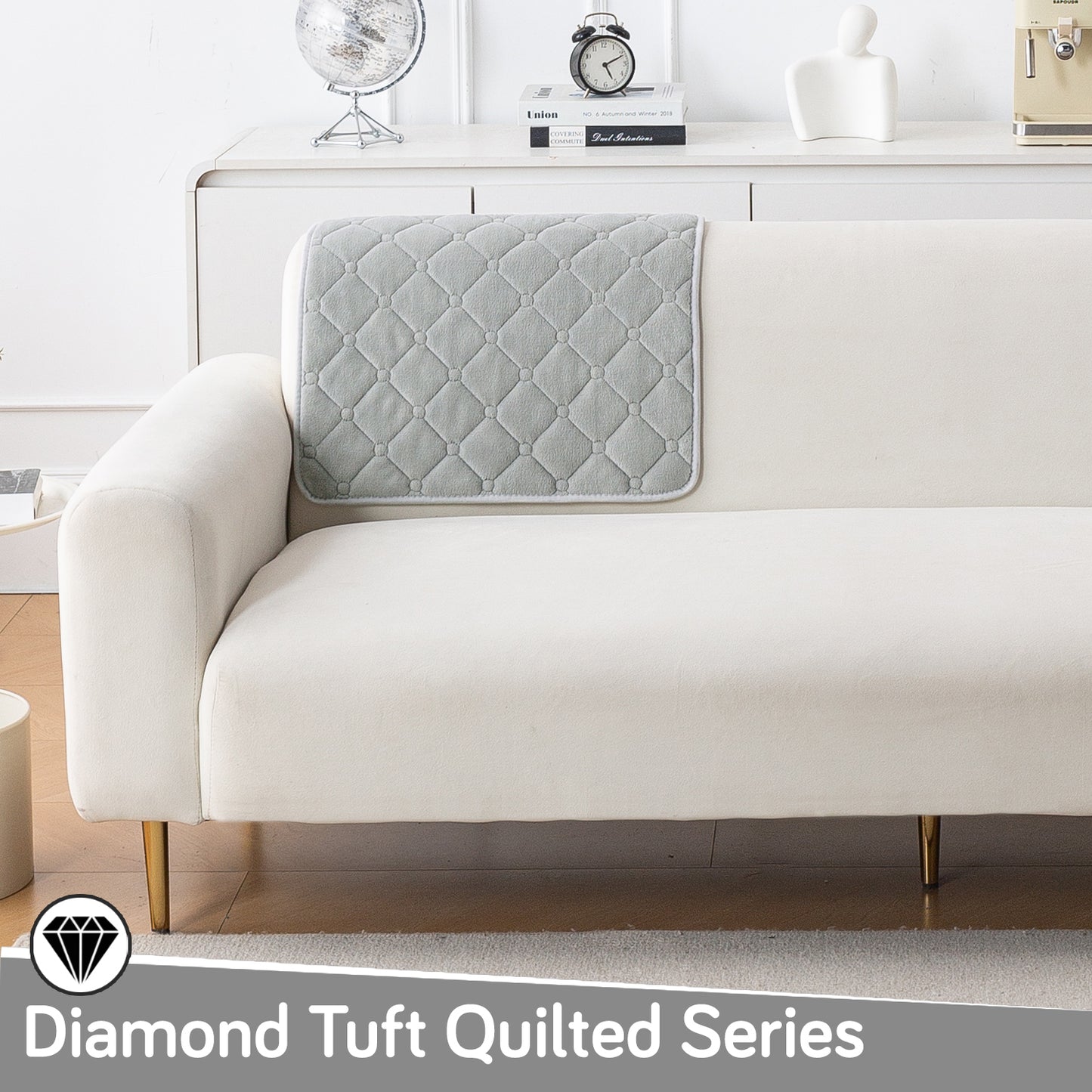 Diamond Tuft Plush Sofa Cover Mat, Mist Grey