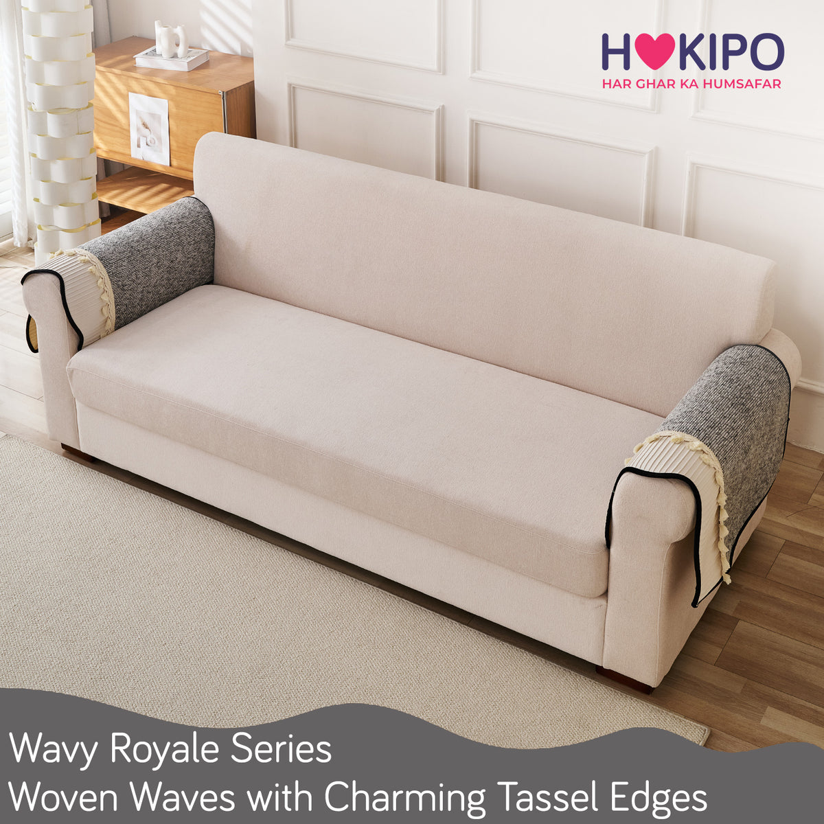'Wavy Royale Series' Thick Woven Weave Chenille Sofa Cover with Tassel, Moon Grey