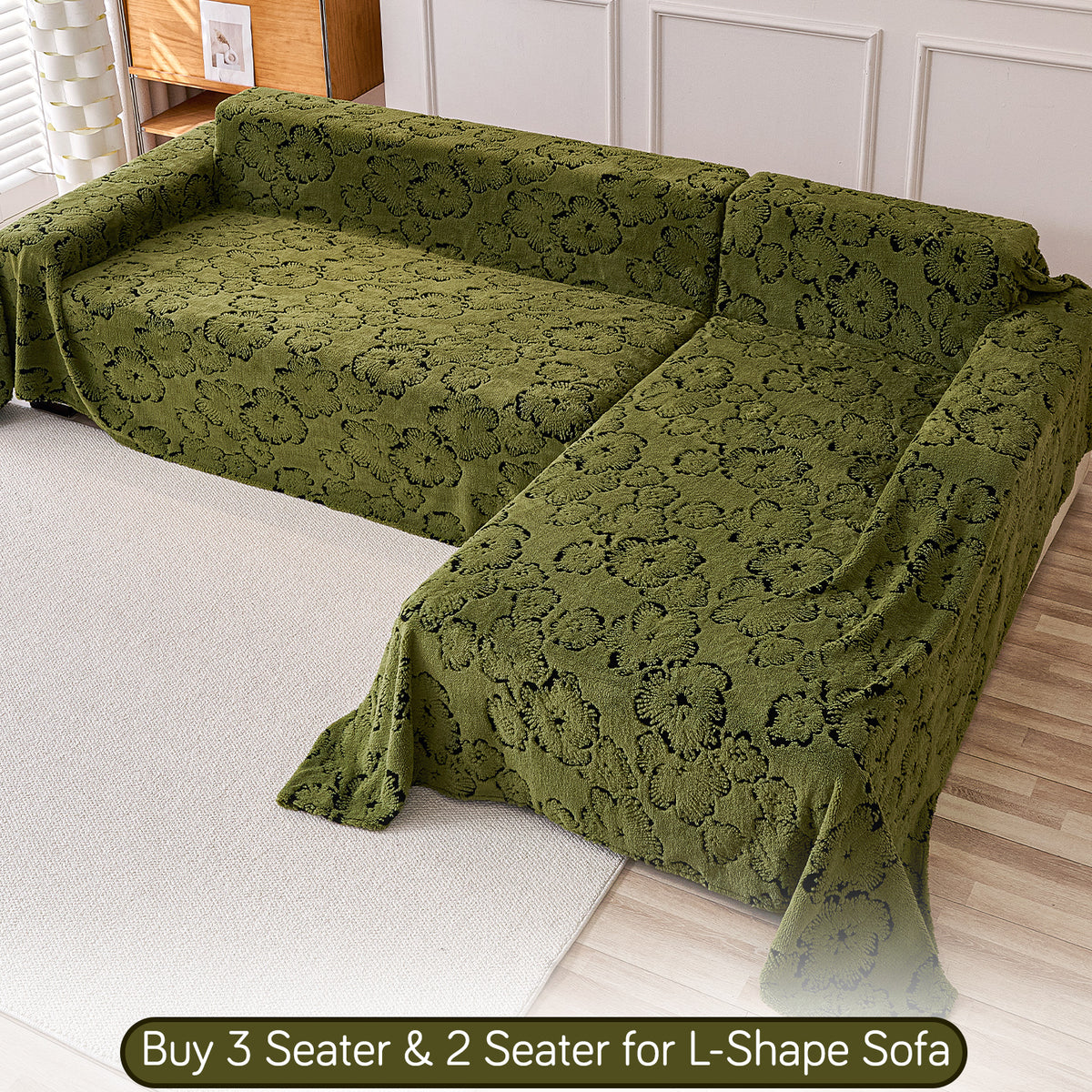 Buy Forest Olive Colour Camellia Blossom Luxury Plush Sofa Throw for L-Shape Sofa – 3 Seater & 2 Seater Sofa | HOKIPO