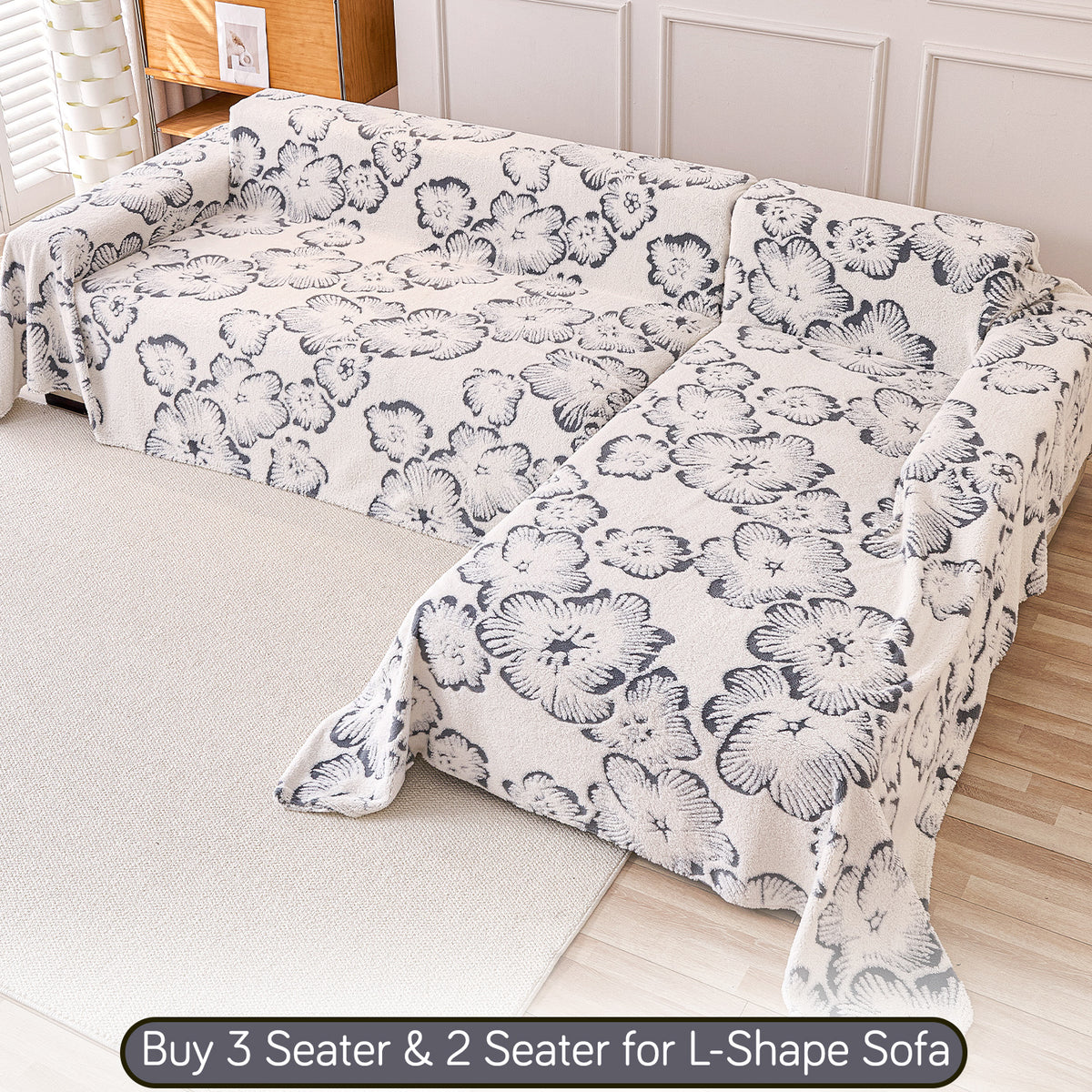 Buy Pearl Grey Colour Camellia Blossom Luxury Plush Sofa Throw for L-Shape Sofa – 3 Seater & 2 Seater Sofa | HOKIPO