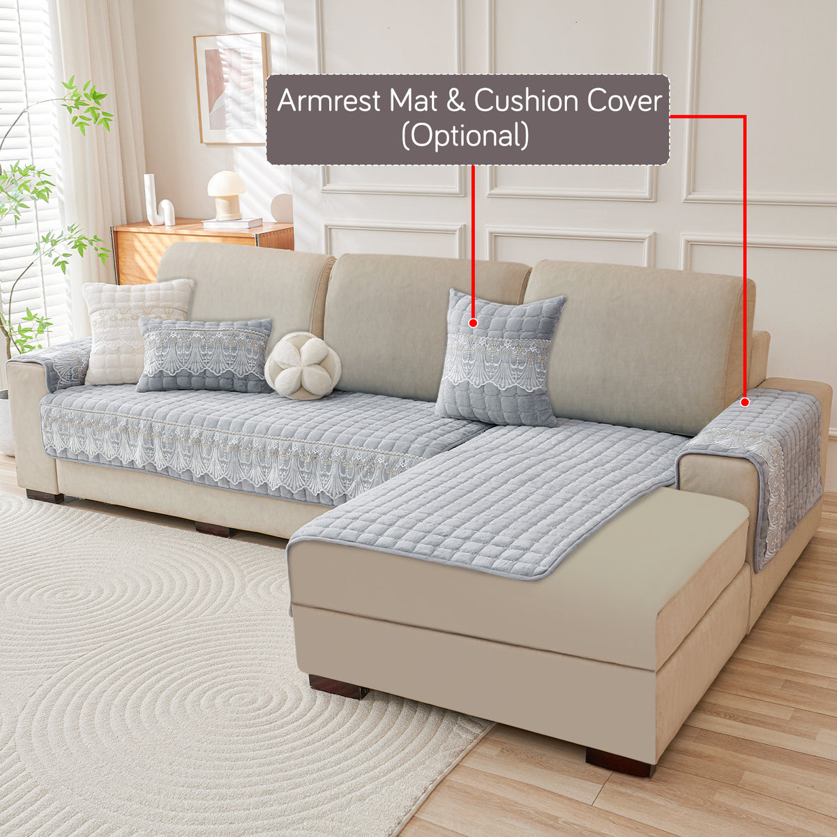BelleLace Series Imperial Milk Velvet L Shape Sofa Cover Mat with Lace Design - Cloud Grey