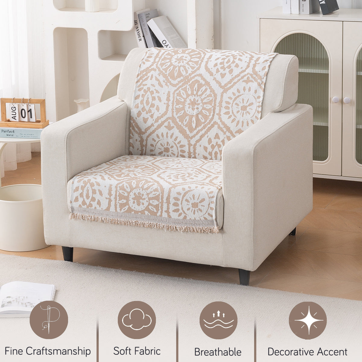 Premium 320 GSM Chenille Sofa Cover 'Serene Abode Series', Boho Floral Tile