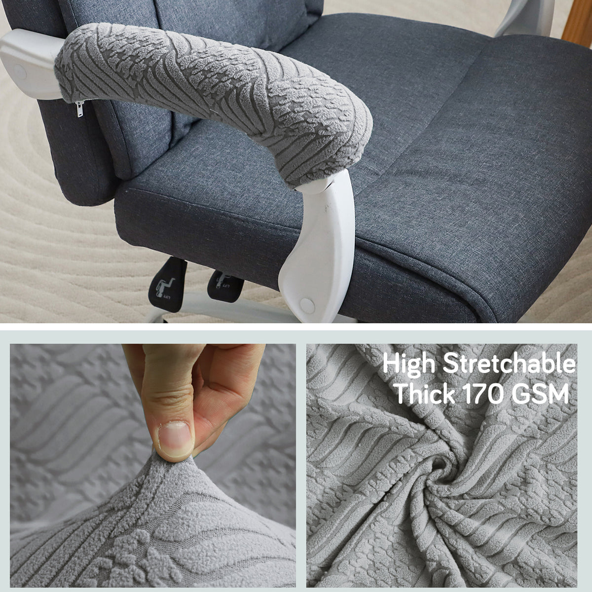 170gsm Jacquard Office Chair Arm Rest Cover (Zipper Style), 1 Pair, Light Grey