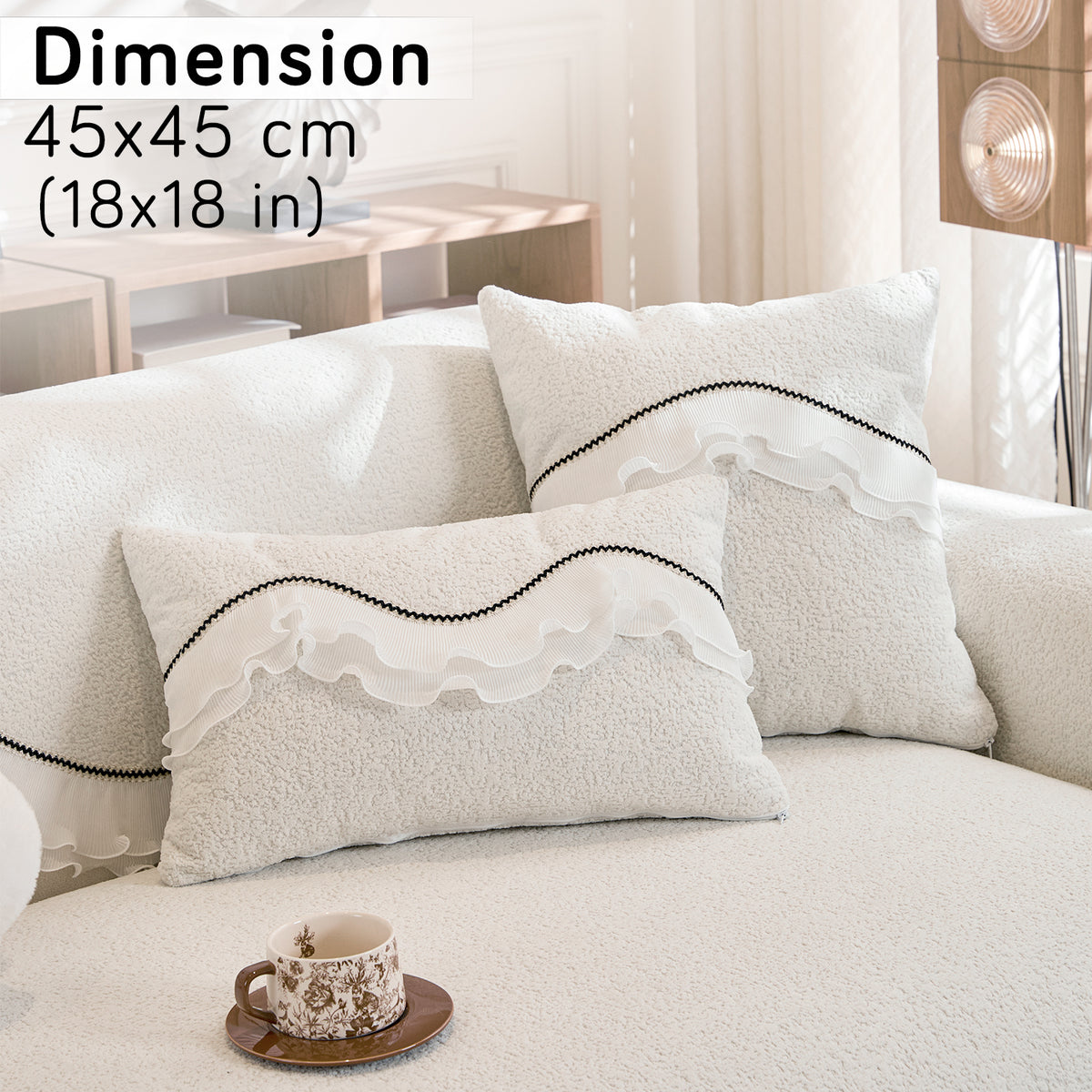 French Classic Frill Sofa Cushion Cover with Elegant Wavy Lace Design - Snow White Ivory