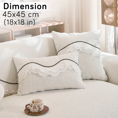 French Classic Frill Sofa Cushion Cover with Elegant Wavy Lace Design - Snow White Ivory
