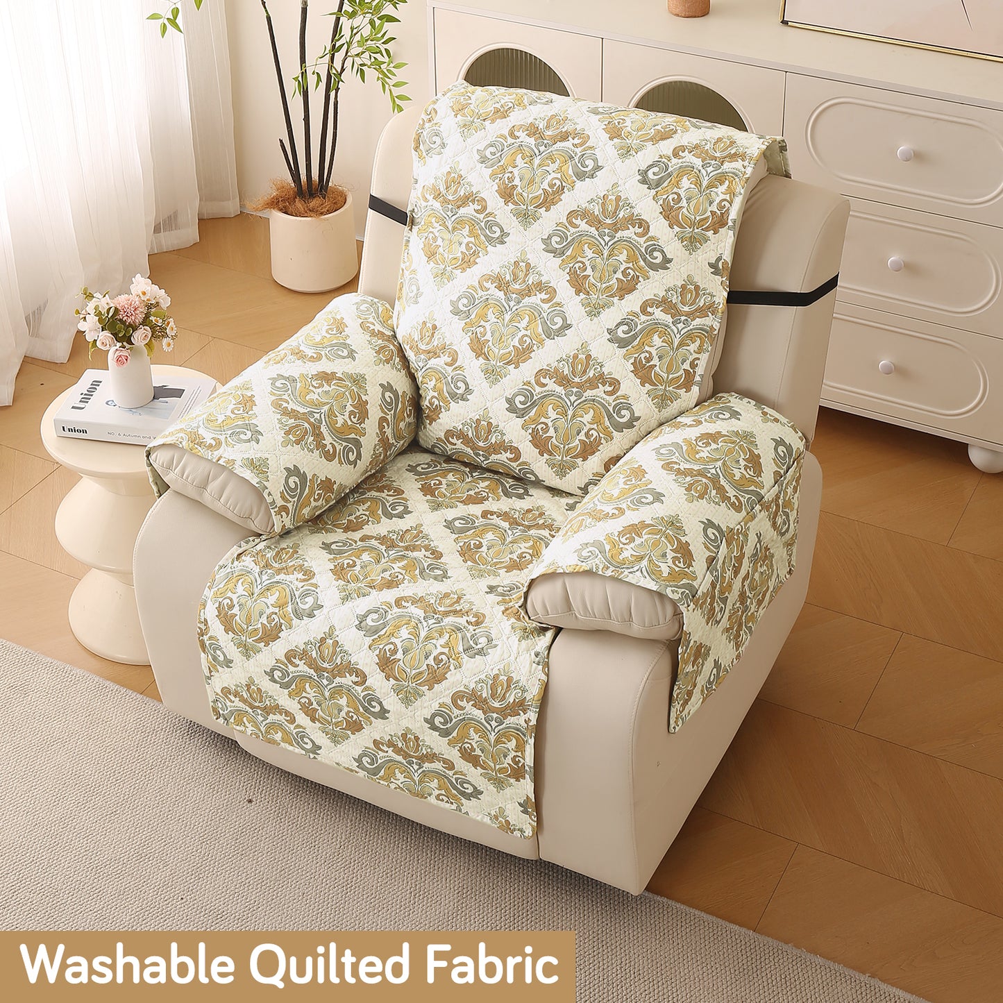 Quilted Printed Recliner Mats for 1 Seater Recliner Sofa, Damask Beige