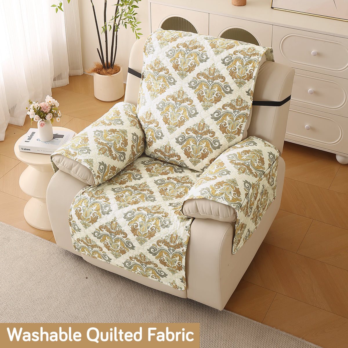 Quilted Printed Recliner Mats for 1 Seater Recliner Sofa, Damask Beige