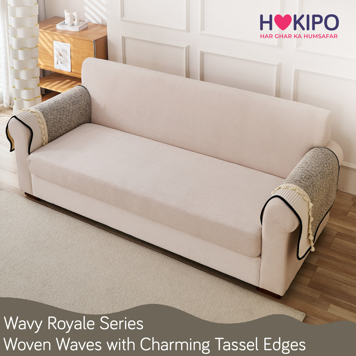 'Wavy Royale Series' Thick Woven Weave Chenille Sofa Cover with Tassel, Taupe Mist