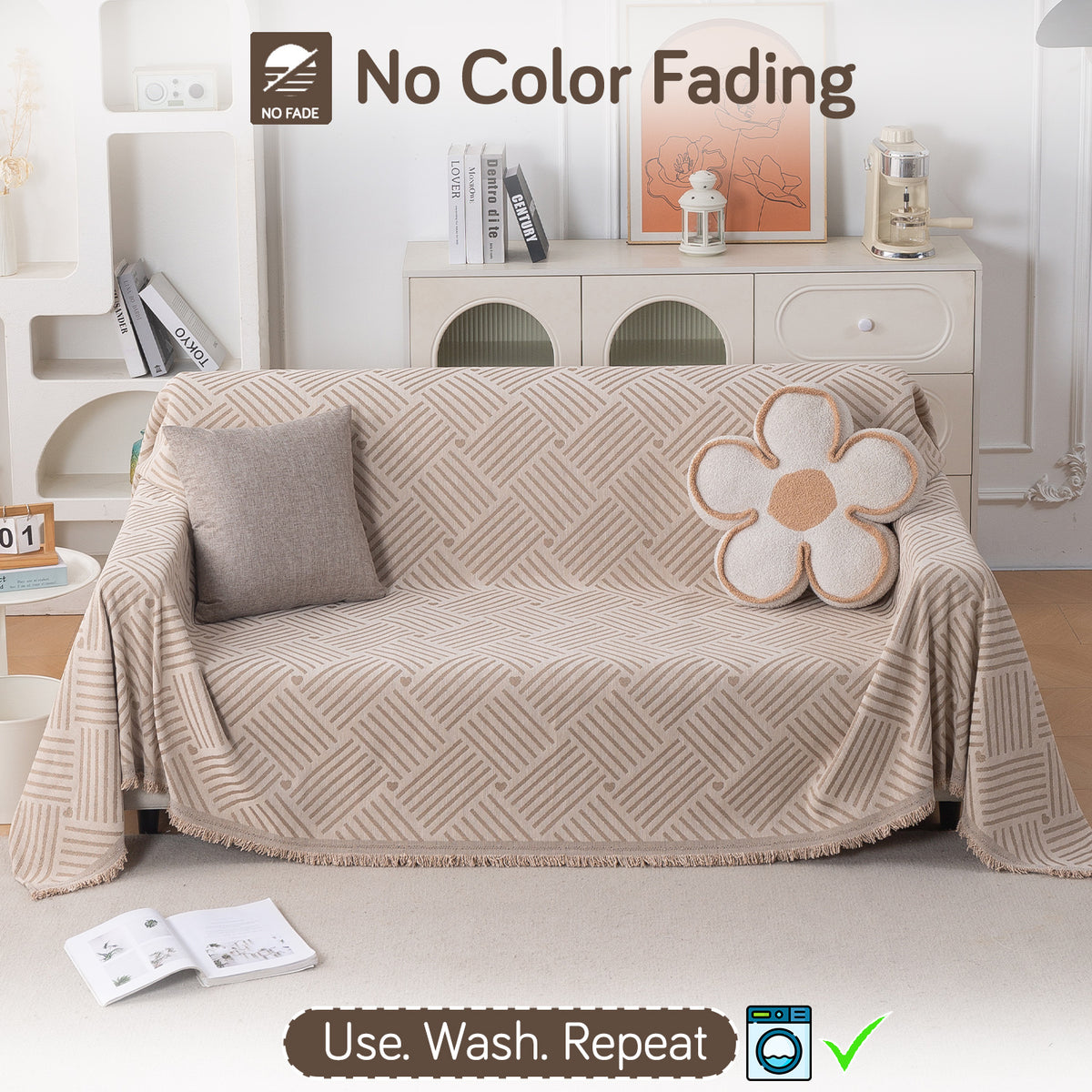 Buy Beige Geo Weave Serene Abode Chenille 3 Seater Sofa Throw | HOKIPO