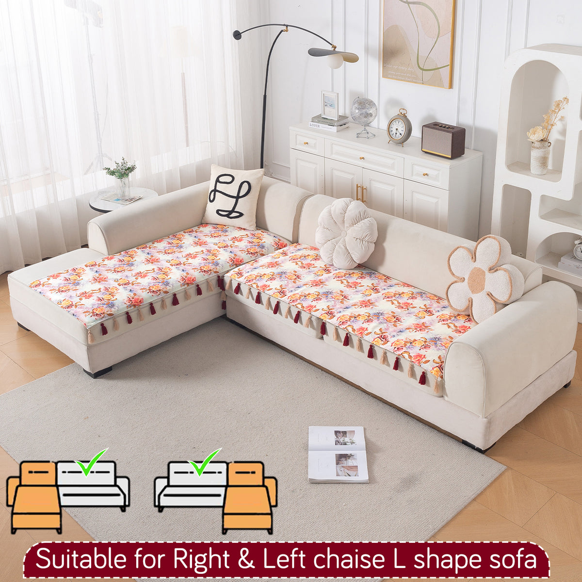Whispers of Nature' Series Holland Velvet L Shape Sofa Cover Seat Mat with Tassels, Vintage Rose Bloom