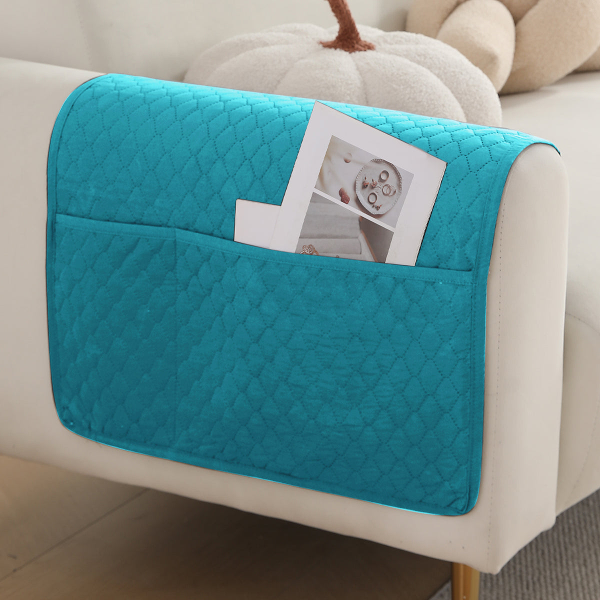 2 Pcs Quilted Sofa Armrest Cover, Teal