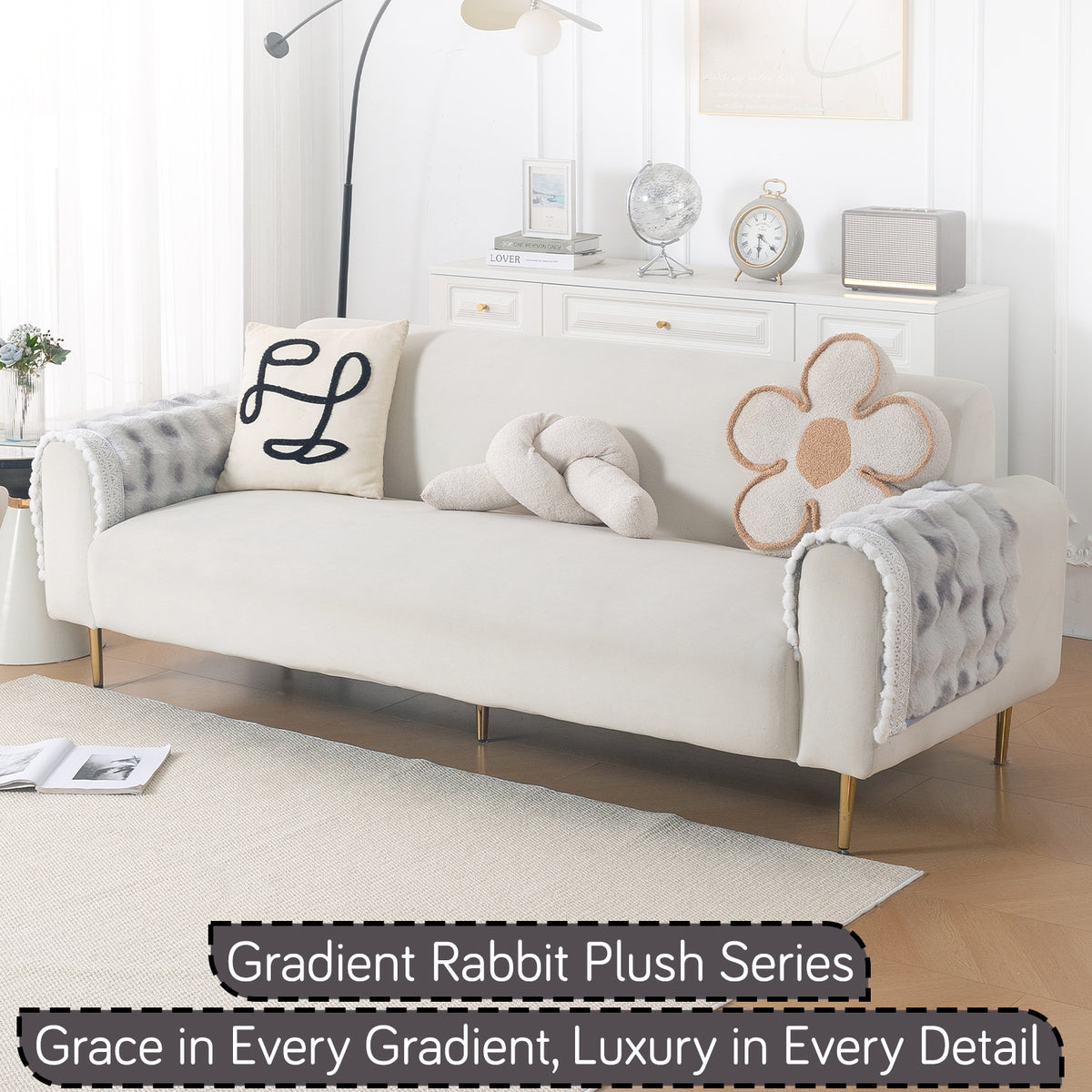Faux Rabbit Fur Sofa Cover with Lace |Gradient Rabbit Plush, Grey