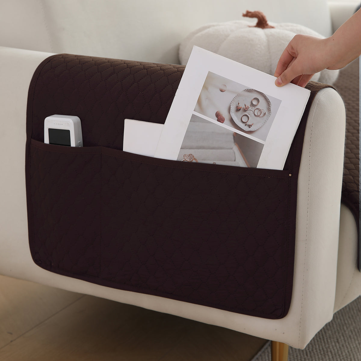 2 Pcs Quilted Sofa Armrest Cover, Dark Brown
