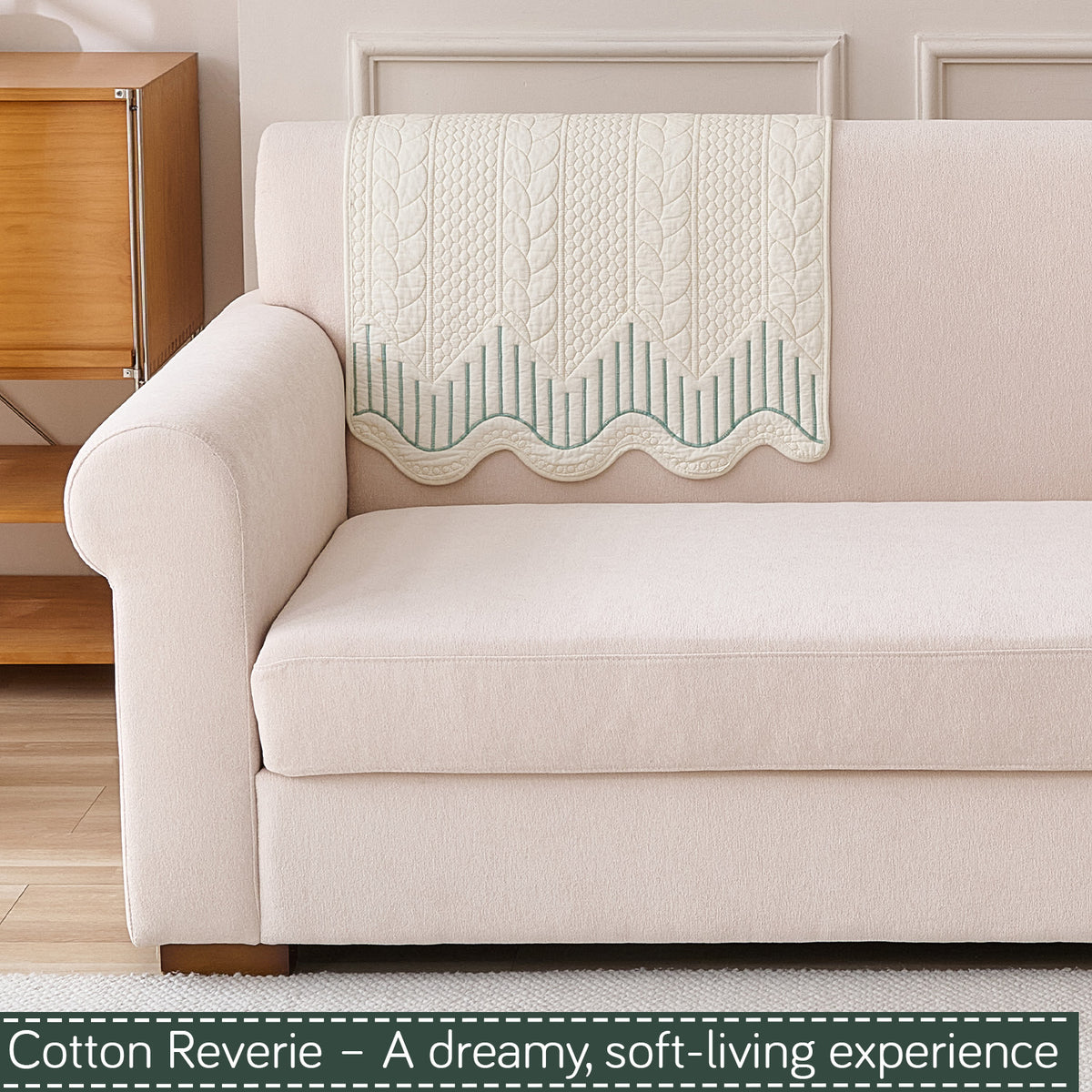 Cotton Reverie with a Curved Wavy Edge Sofa Mat, Greenish Cream
