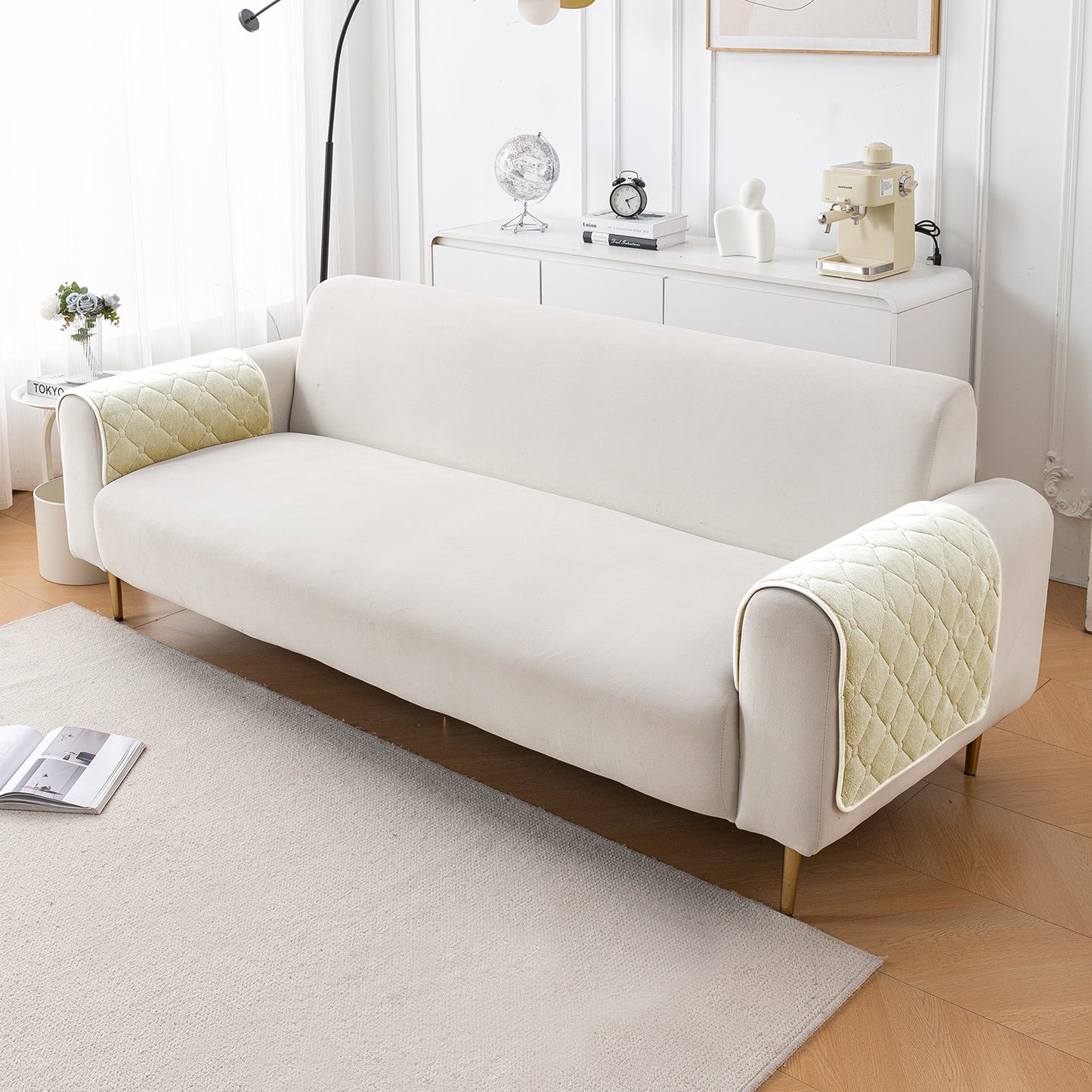 Diamond Tuft Plush Sofa Cover Mat, Ivory Cream