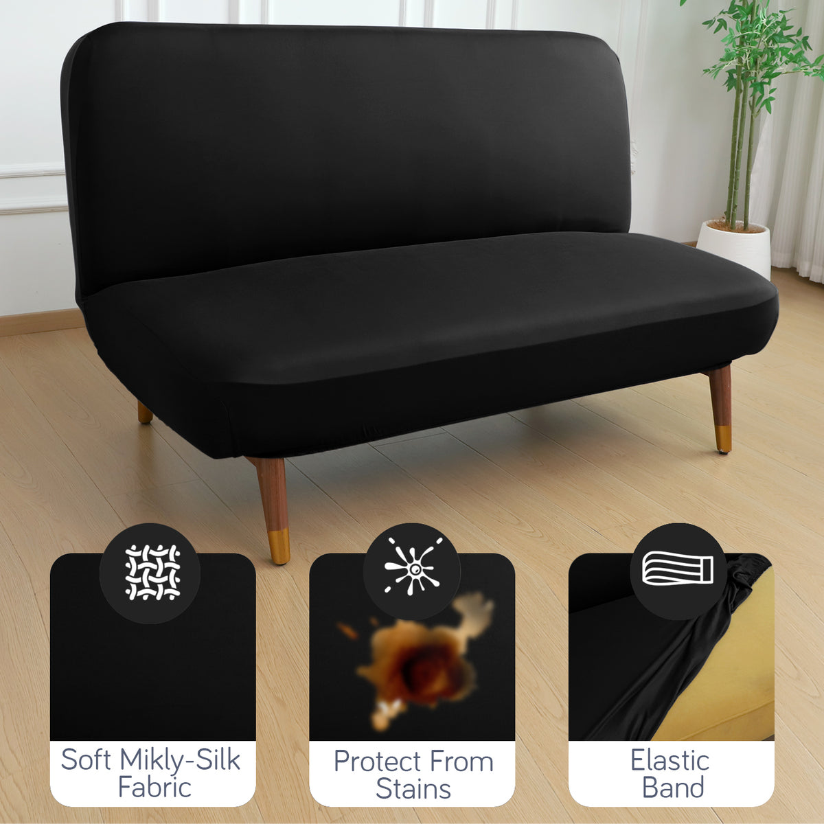 SereneSolids Stretchable Elastic Armless Sofa Cover – 140 GSM, Futon Slipcover, Easy Fit, Black