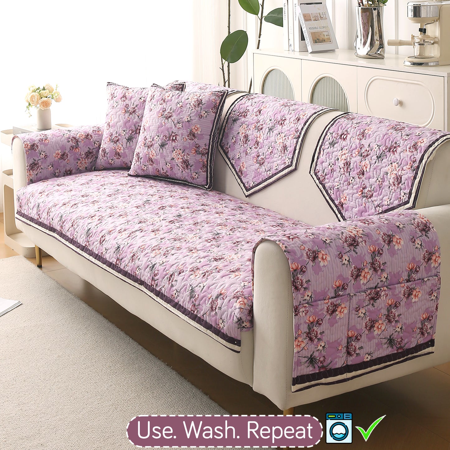 Florentina Series Printed Holland Velvet Sofa Mat - Peony Lavender