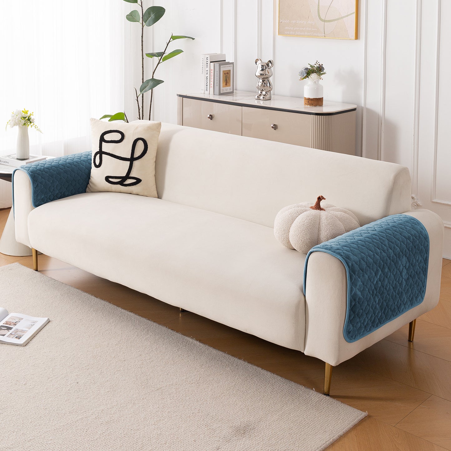 Diamond Plush Pebble Quilted Sofa Cover Mat, Blue