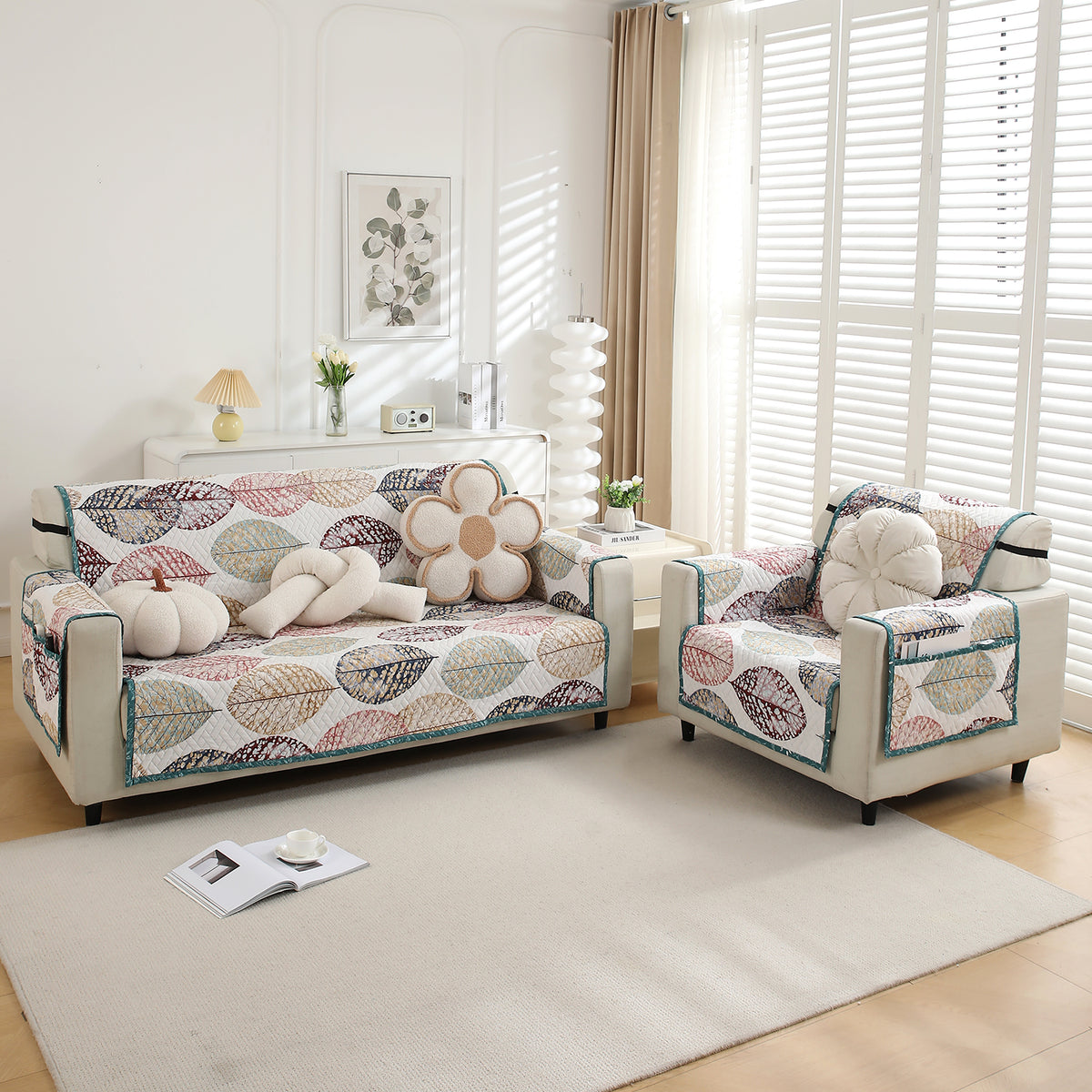 3+1 Seater Multicolor Linden Leaf Printed quilted sofa cover