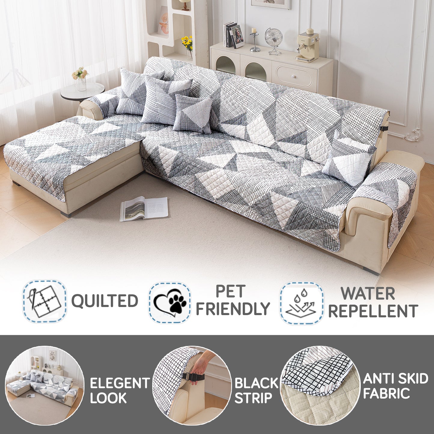 Elira Series Quilted One-Piece L Shape Sofa Cover Mat with Left and Right Chaise, Snow White Black Geometry