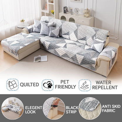 Elira Series Quilted One-Piece L Shape Sofa Cover Mat with Left and Right Chaise, Snow White Black Geometry