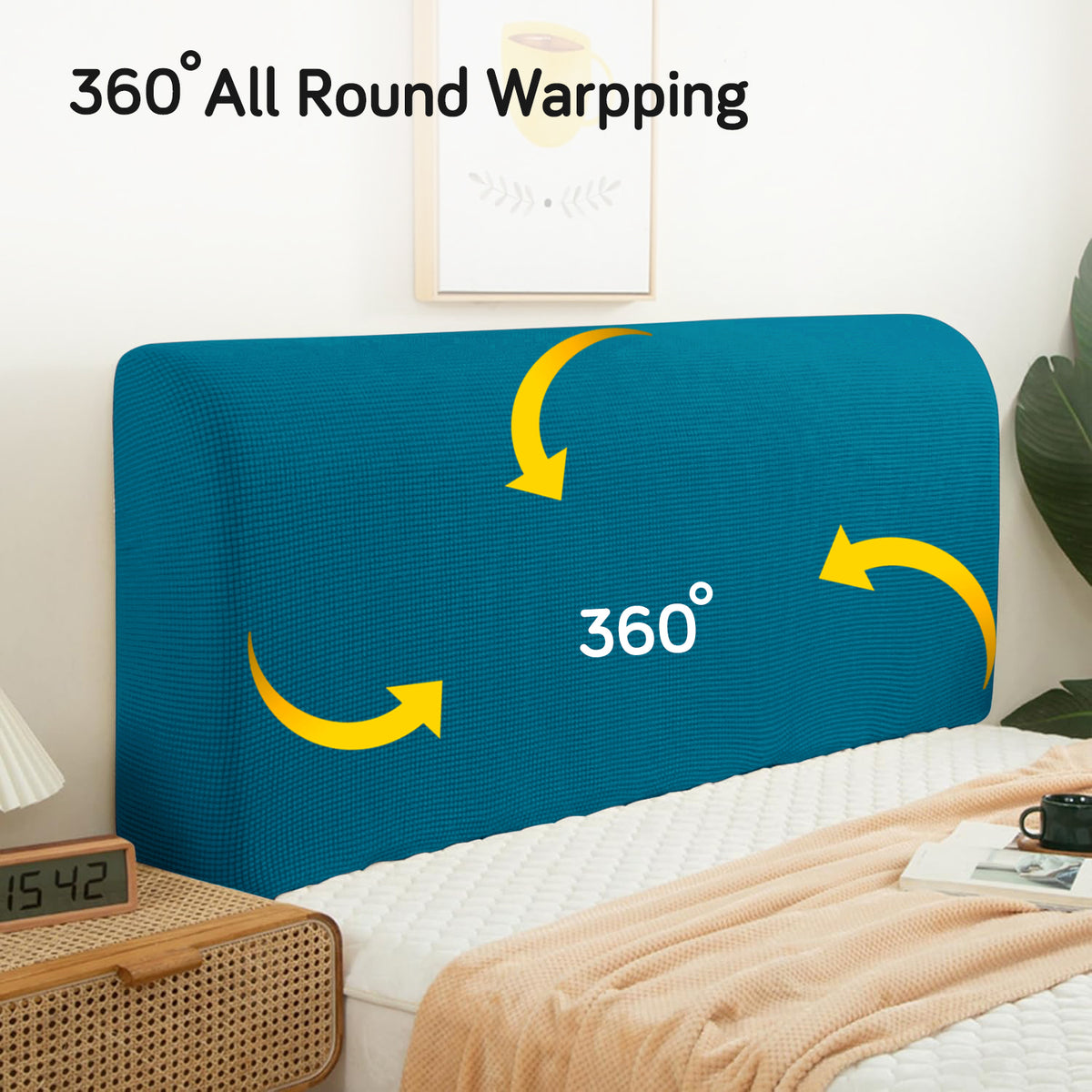Buy Teal Colour Stretchable jacquard bed headboard cover with 360 degree all-round wrapping