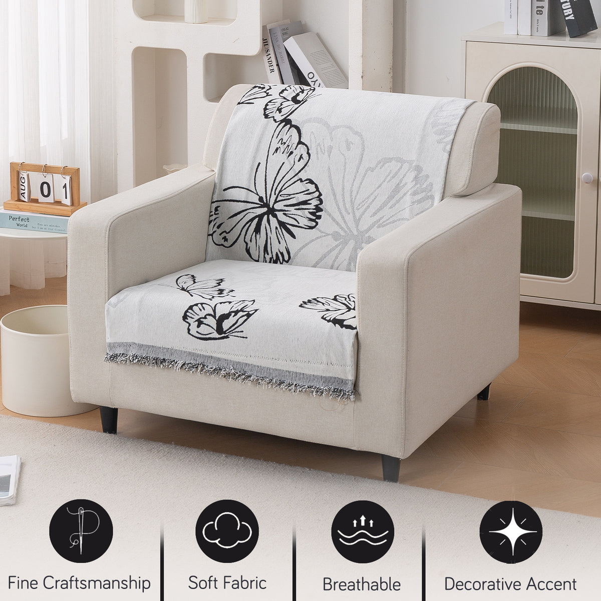 Premium 320 GSM Chenille Sofa Cover 'Serene Abode Series', Monochrome Butterfly