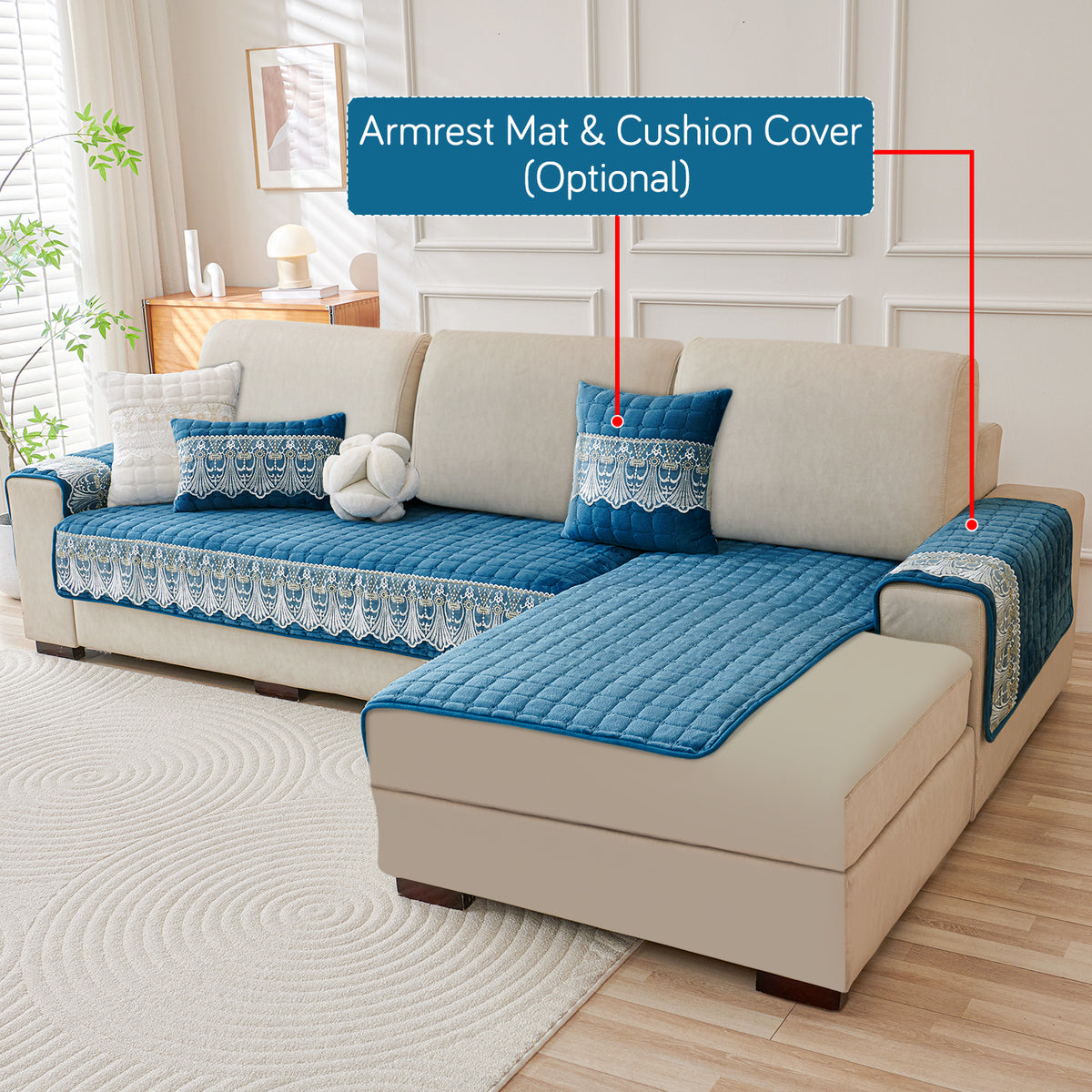 BelleLace Series Imperial Milk Velvet L Shape Sofa Cover Mat with Lace Design - Celdaon Blue