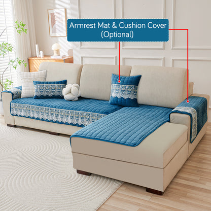 BelleLace Series Imperial Milk Velvet L Shape Sofa Cover Mat with Lace Design - Celdaon Blue