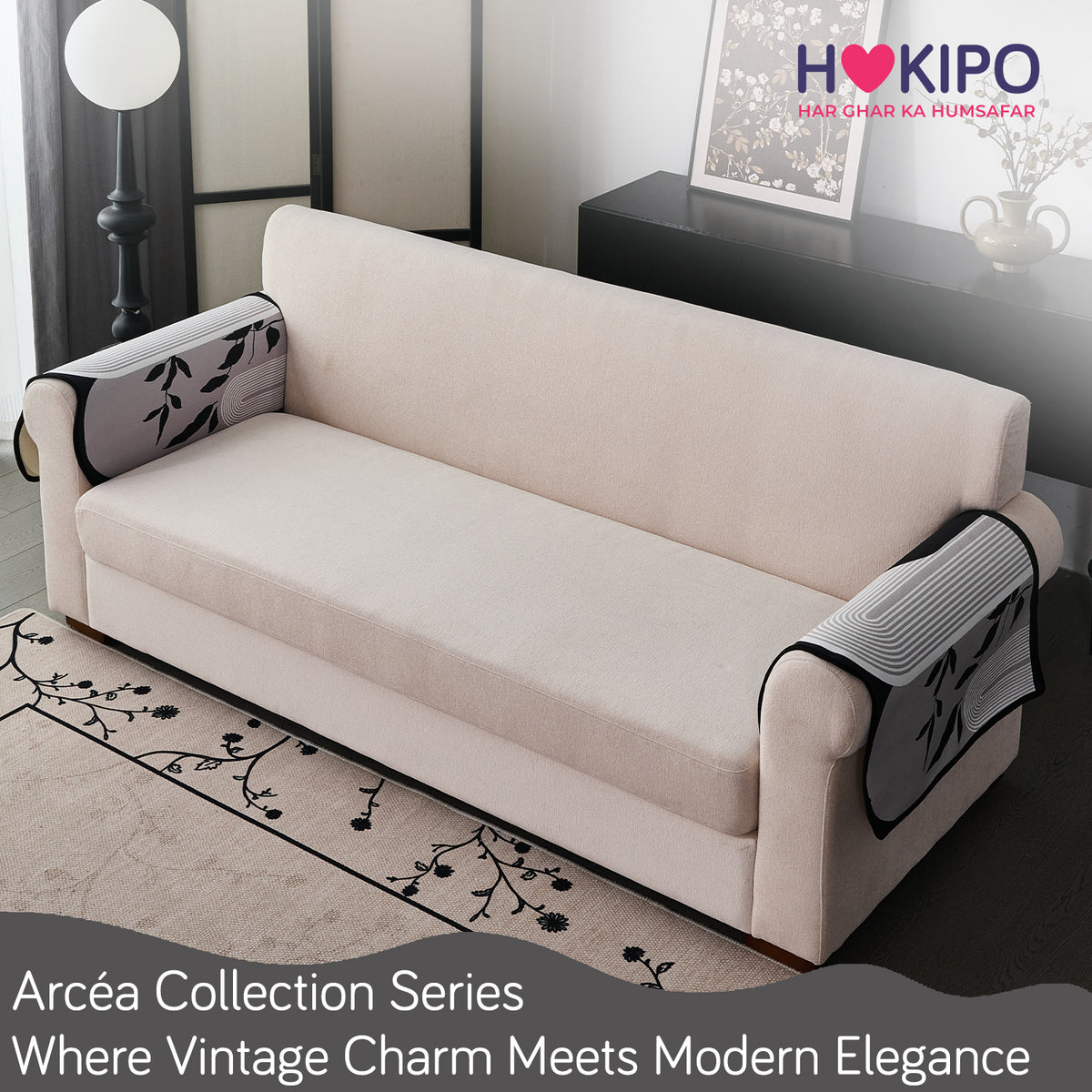 Arcea Chenille With Curved Edges Sofa Cover Mat, Grey Abstract Botanical