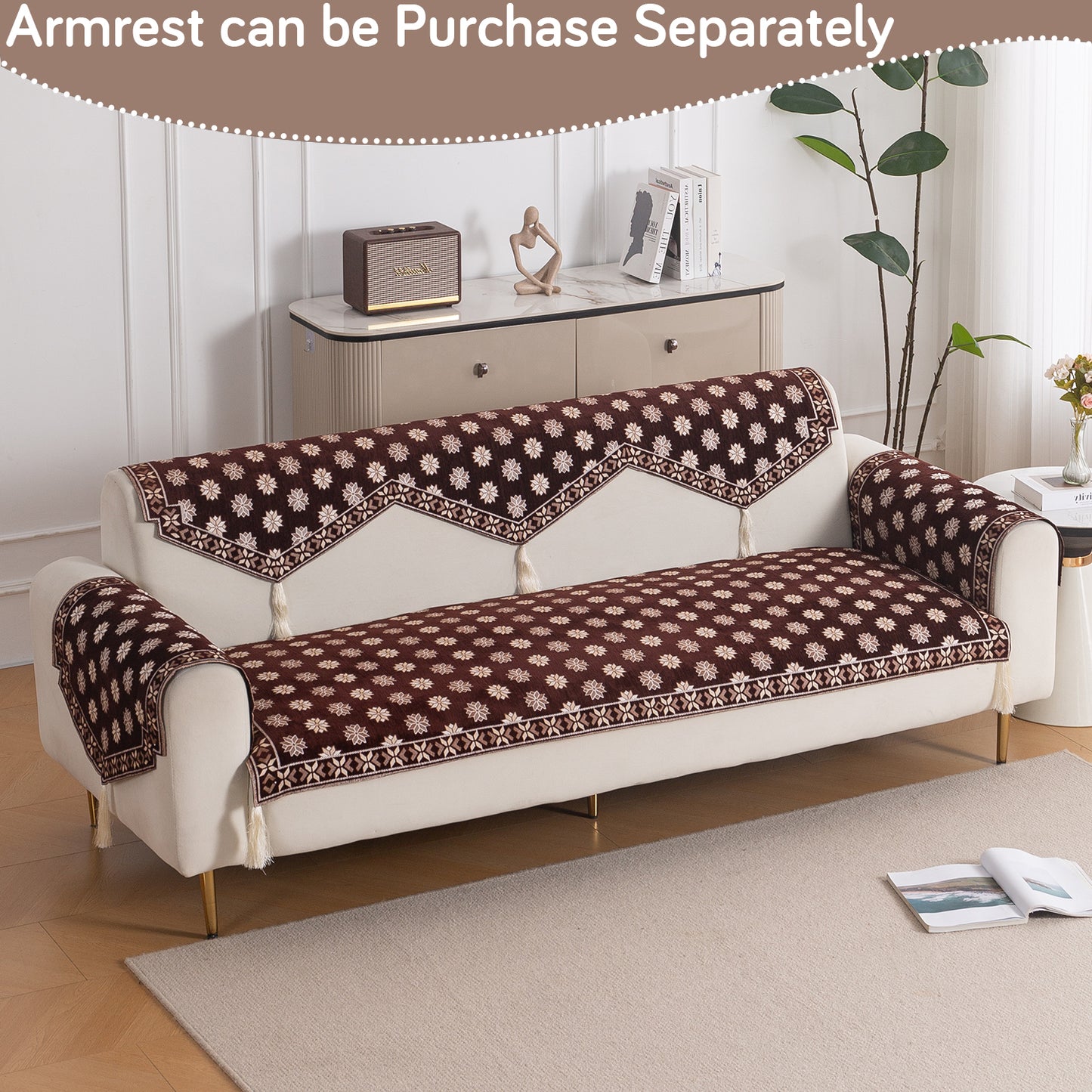 Heritage Weave Premium Jacquard Sofa Cover Set with Tassels - Coffee Brown