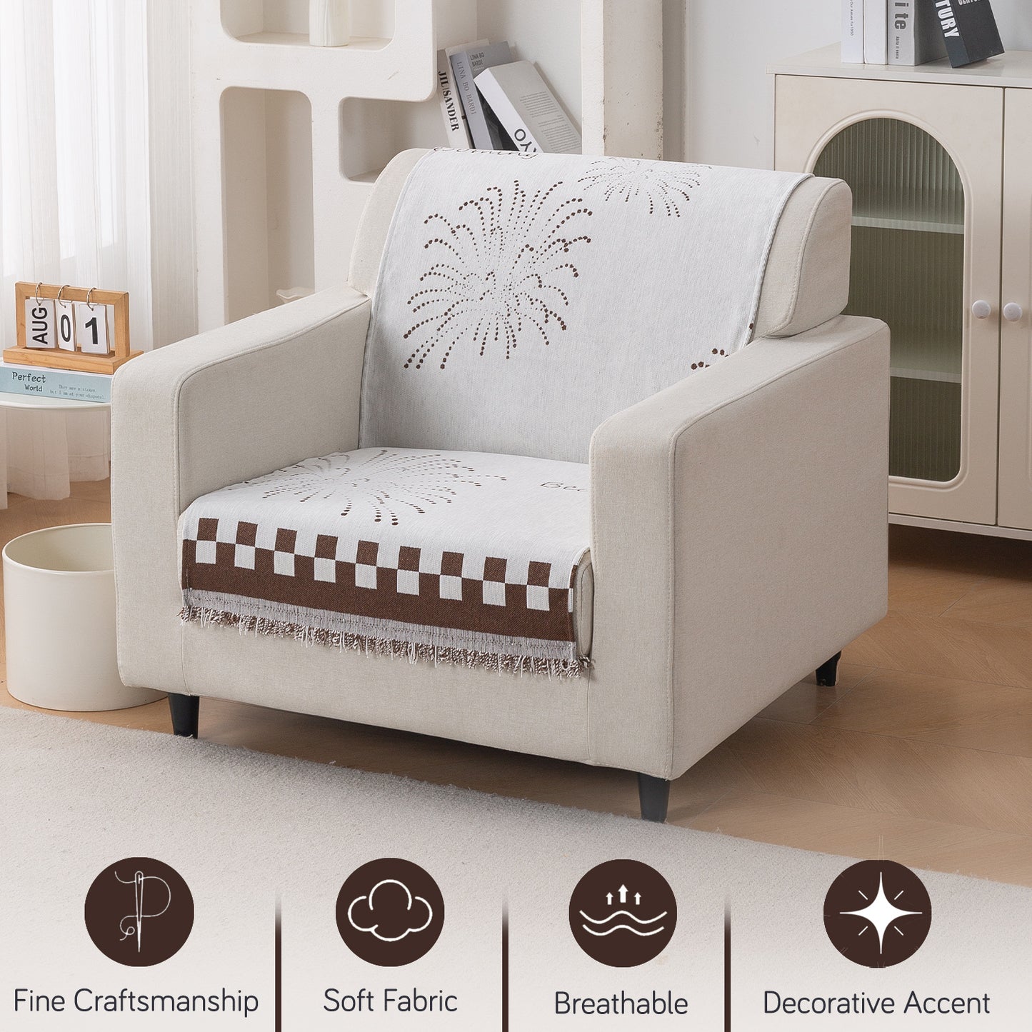 Premium 320 GSM Chenille Sofa Cover 'Serene Abode Series', Brown Dot Burst