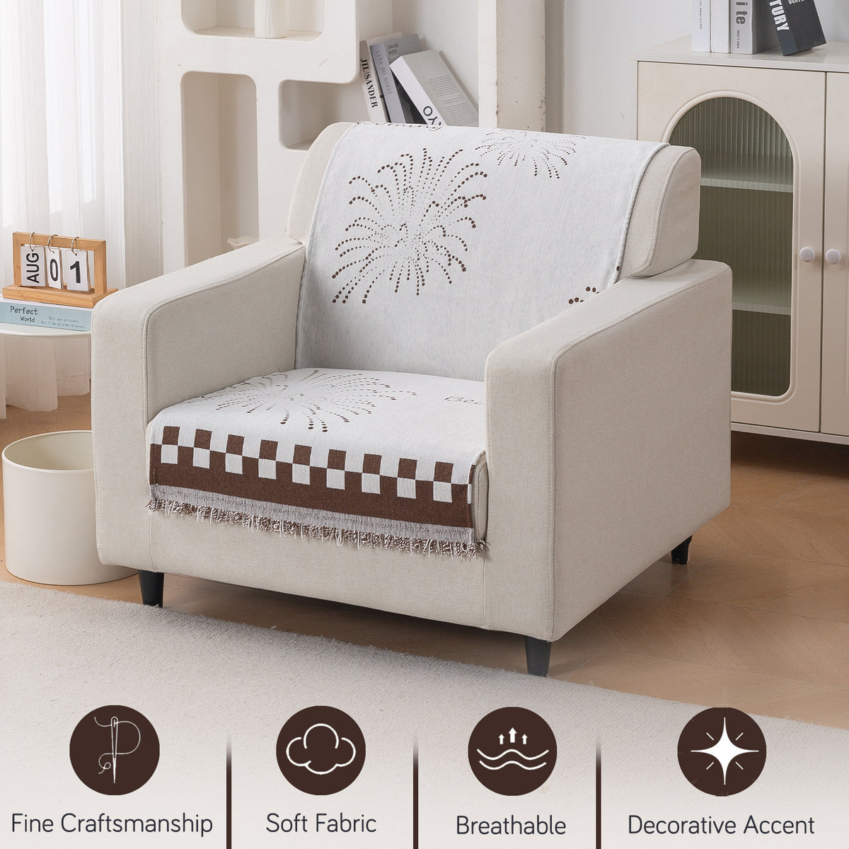 Premium 320 GSM Chenille Sofa Cover 'Serene Abode Series', Brown Dot Burst