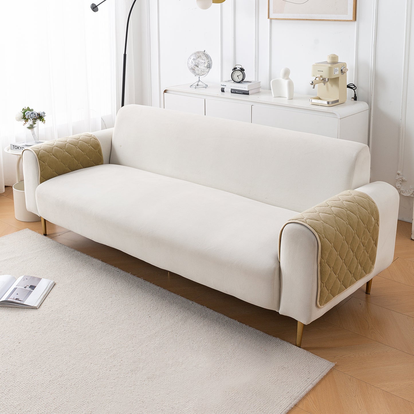 Diamond Tuft Plush Sofa Cover Mat, Sand Beige