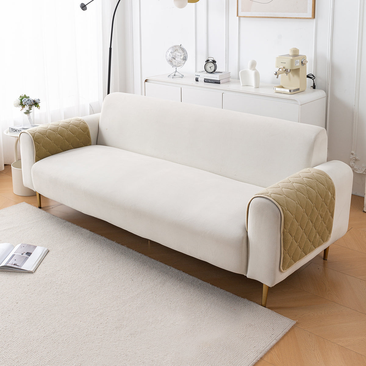 Diamond Tuft Plush Sofa Cover Mat, Sand Beige