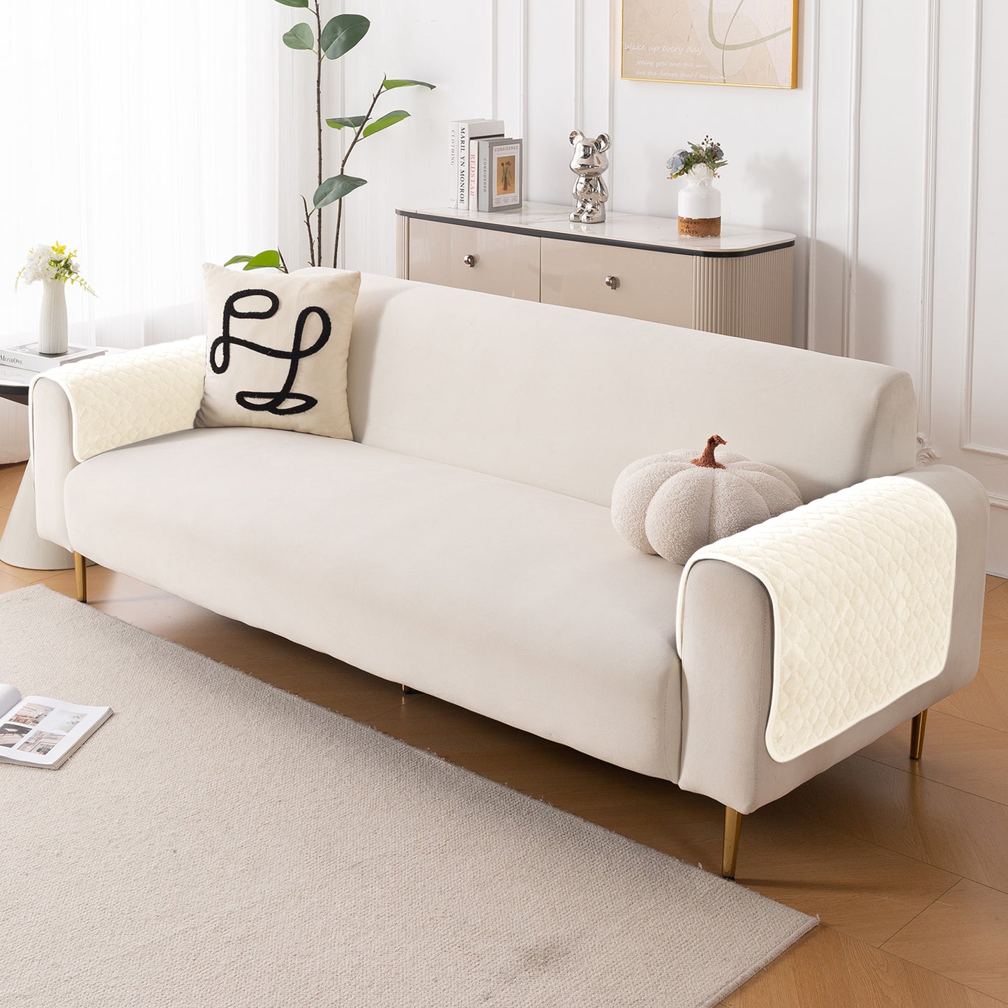 Diamond Plush Pebble Quilted Sofa Cover Mat, Cream