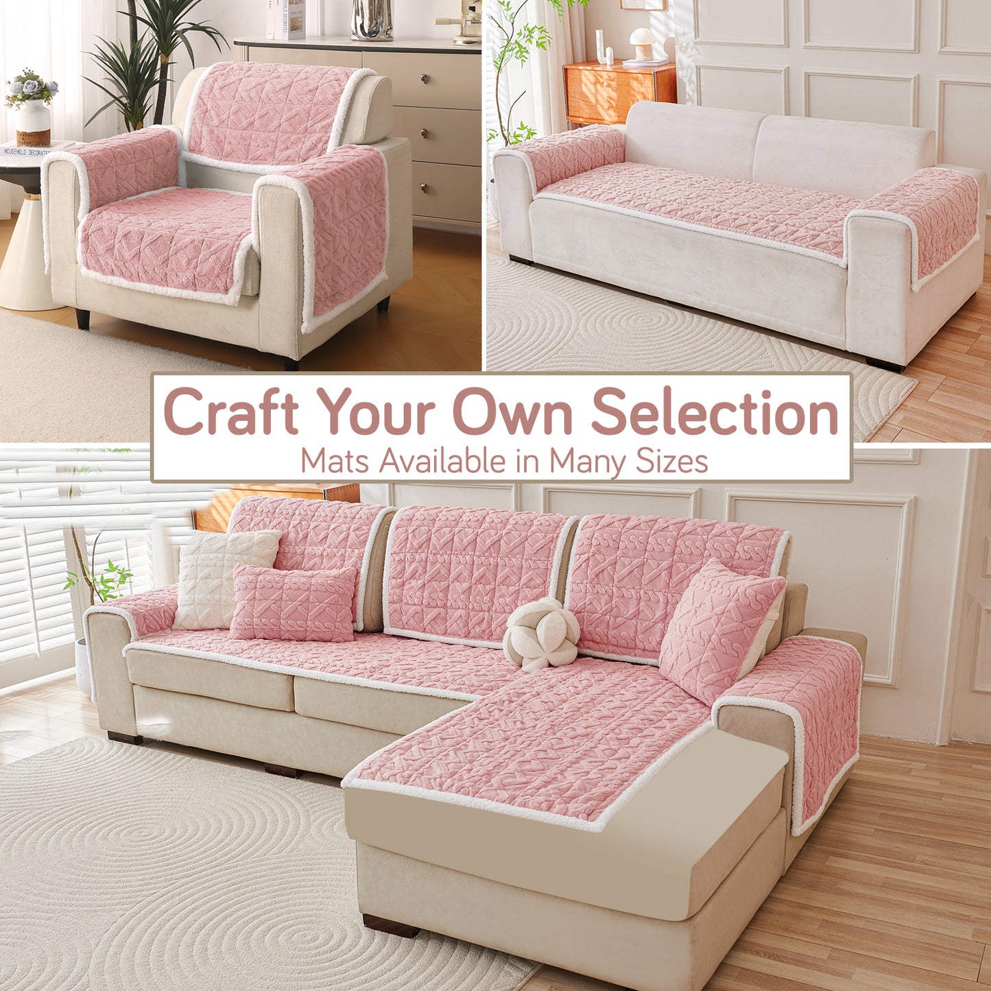 'Italian Caelora' Luxury Jacquard Plush Anti-Slip Sofa Cover Mat - Misty Rose