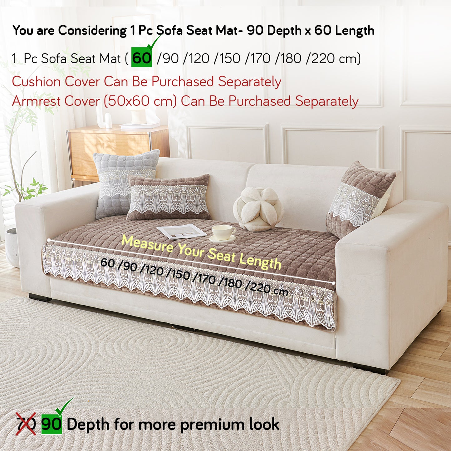 BelleLace Series Premium Imperial Milk Velvet Sofa Cover Mat with Lace Design -  Mocha Brown