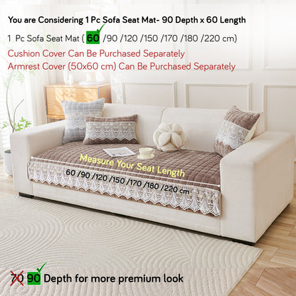 BelleLace Series Premium Imperial Milk Velvet Sofa Cover Mat with Lace Design -  Mocha Brown