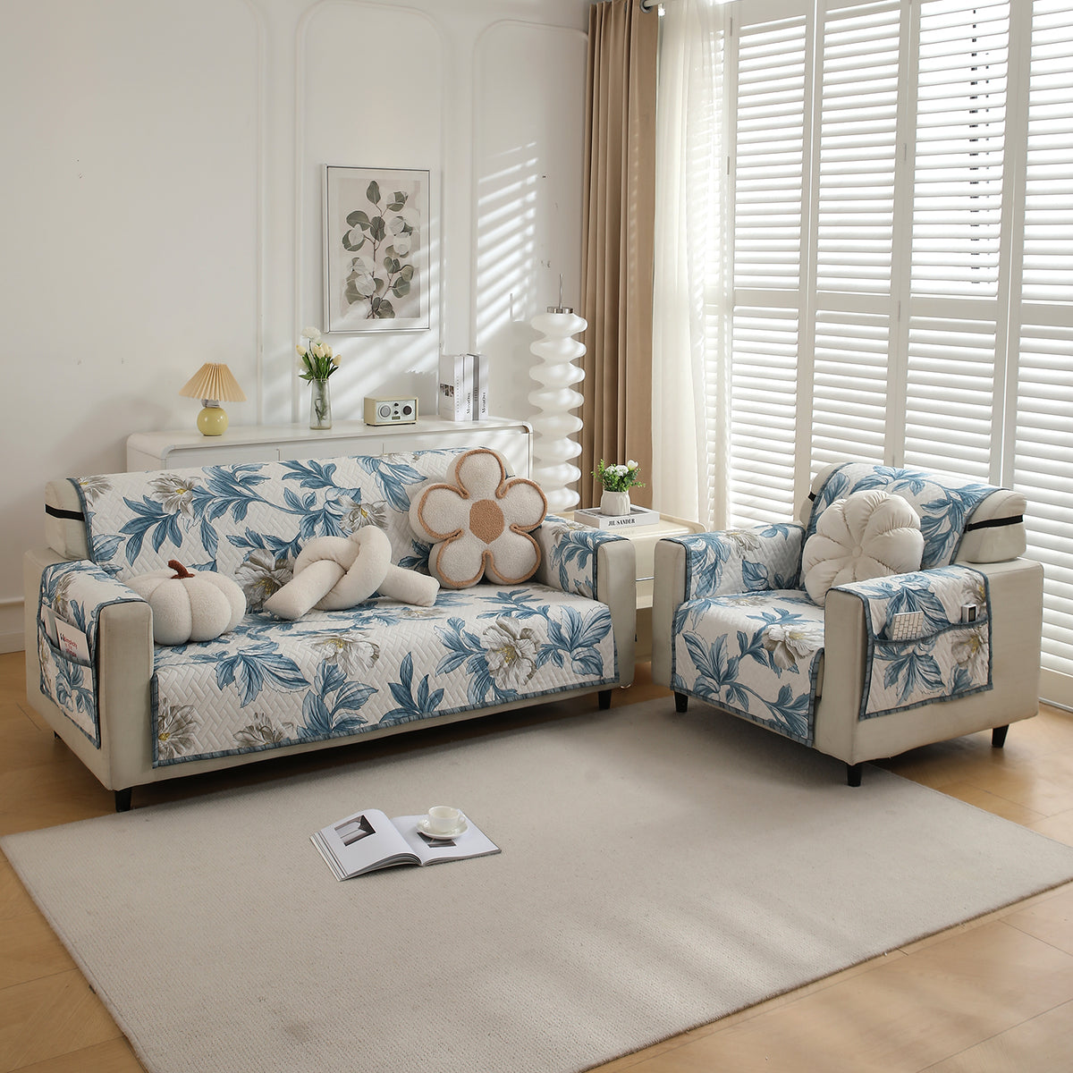 4 Seater Celadon Blue Camellia Printed quilted sofa cover set