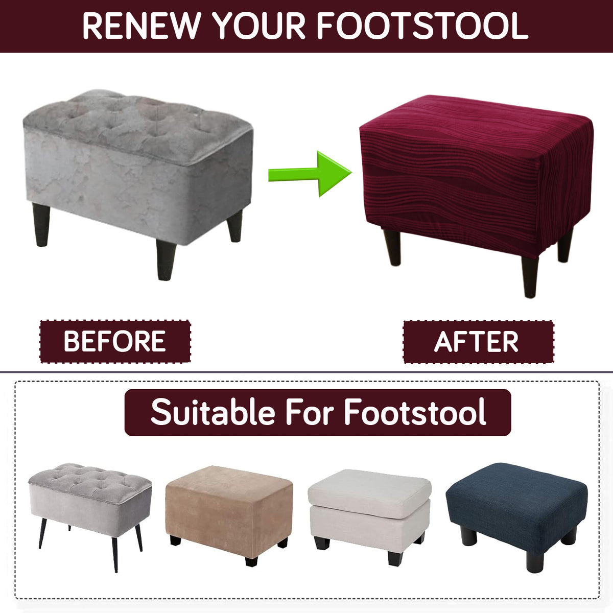 Nestiva Series Knitting Jacquard Stretchable Footstool Cover - Burgundy