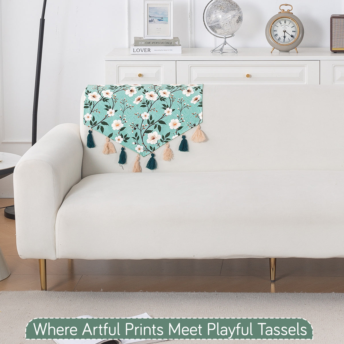 'Whispers of Nature' Series Holland Velvet Sofa Mat with Tassel, Sage Floral Vine