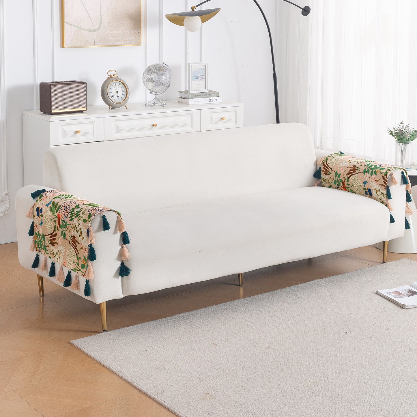 'Whispers of Nature' Series Holland Velvet Sofa Mat with Tassel, Beige Woodland Bloom