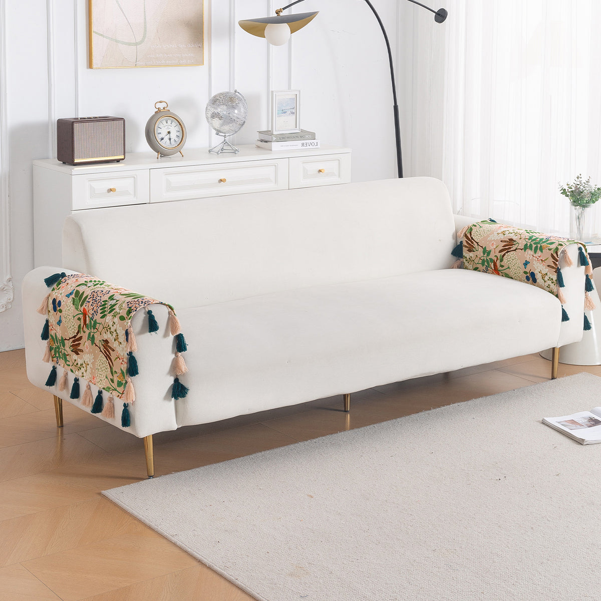'Whispers of Nature' Series Holland Velvet Sofa Mat with Tassel, Beige Woodland Bloom
