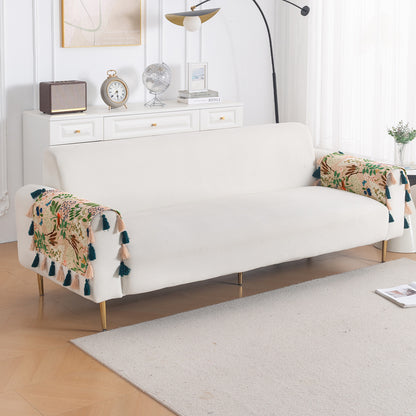 'Whispers of Nature' Series Holland Velvet Sofa Mat with Tassel, Beige Woodland Bloom
