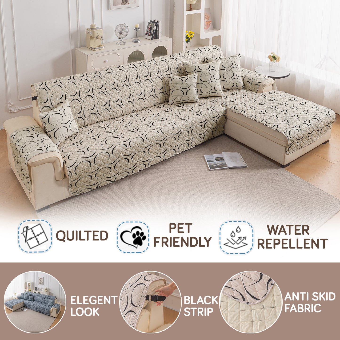 Elira Series Quilted One-Piece L Shape Sofa Cover Mat with Left and Right Chaise, Natural Beige Abstract Art