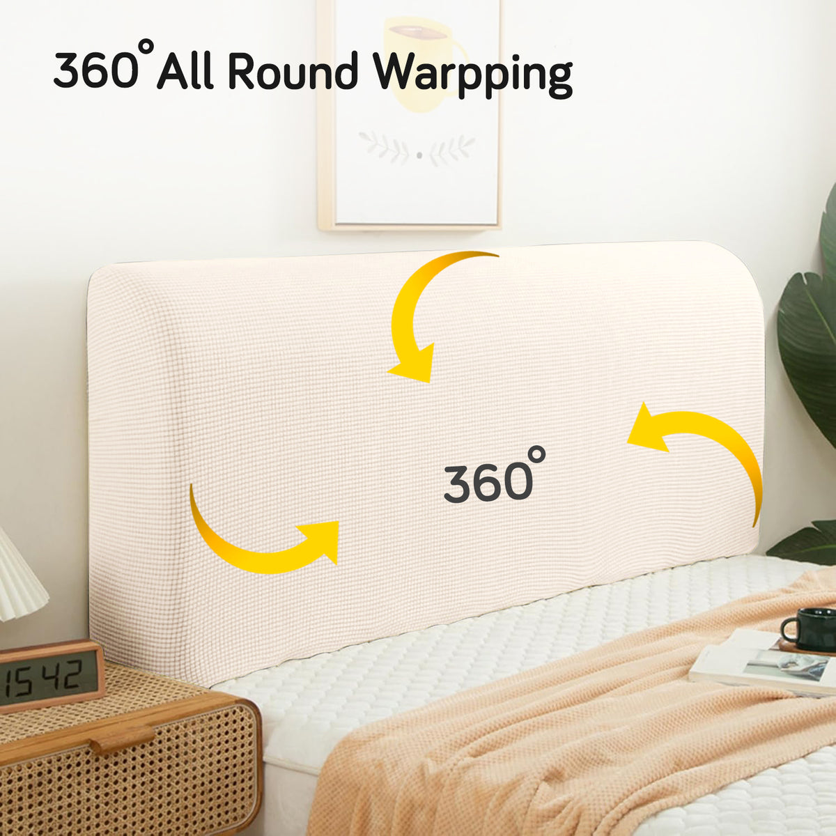 Buy Cream Colour Stretchable jacquard bed headboard cover with 360 degree all-round wrapping